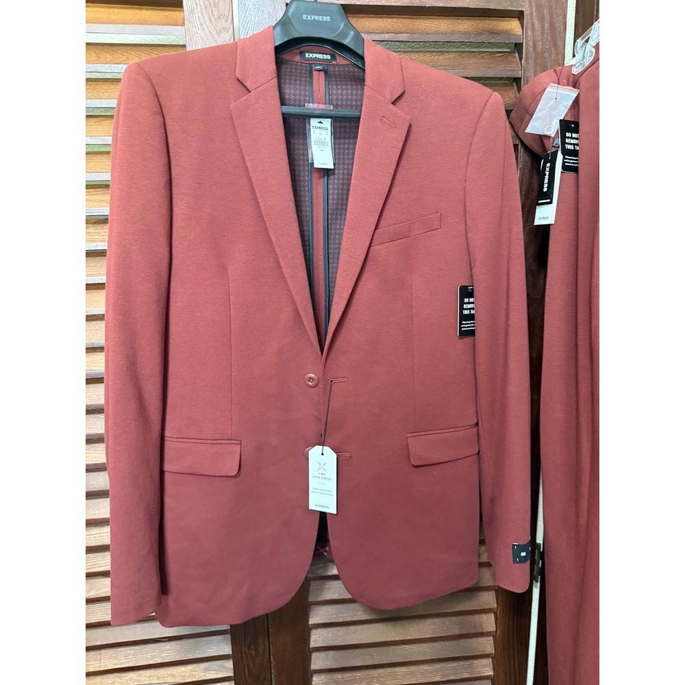 Express Mens 4-Way Hyper Stretch Slim Fit Suit Rust Red 40R Jacket 33x30 Pants